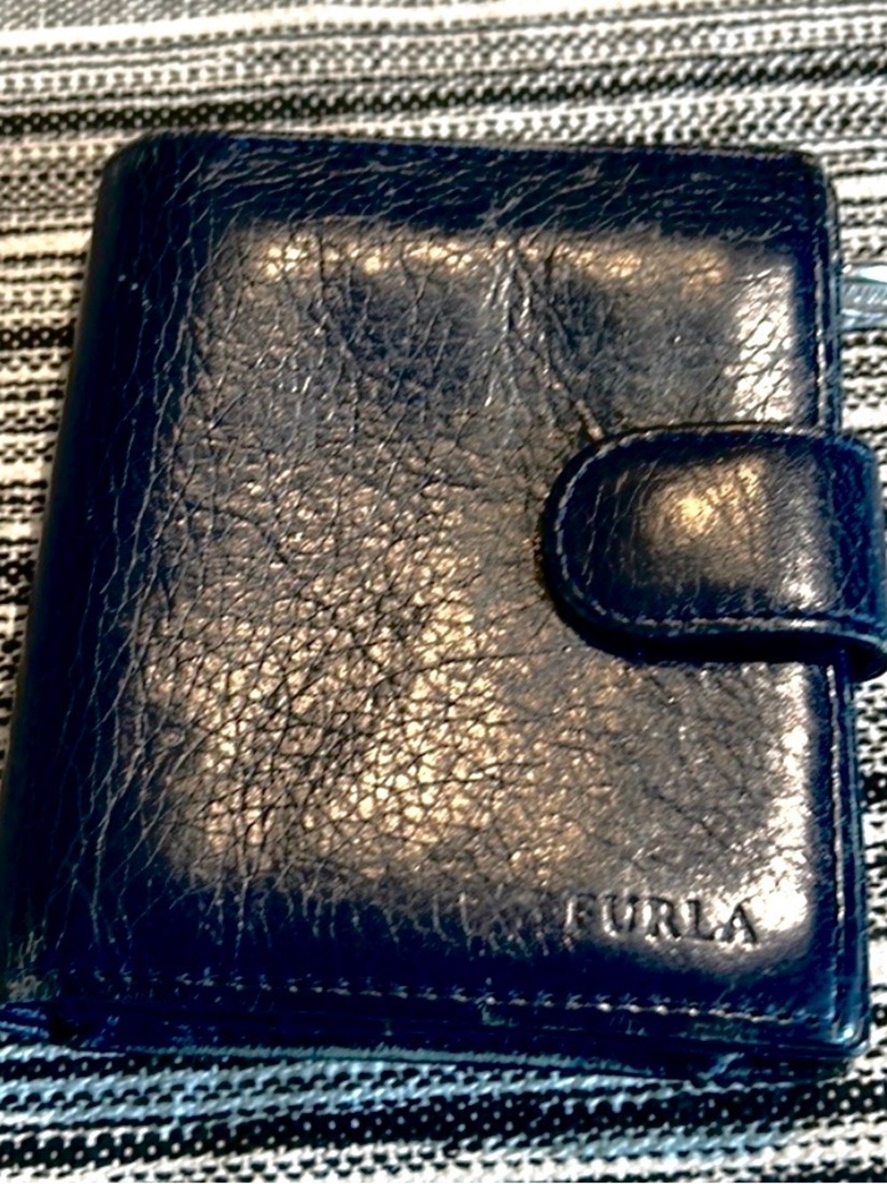 Furla Blue Black Leather Tab Snap Wallet Zipper Coin Slot